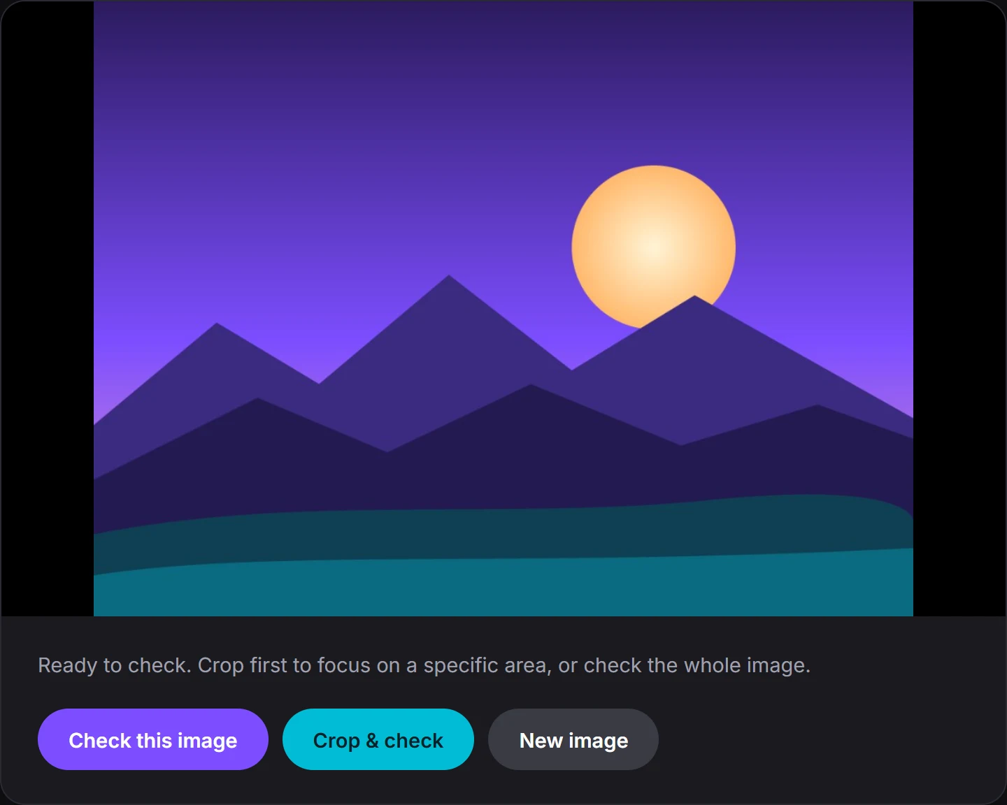 An uploaded image ready to check, with buttons to check it or crop first