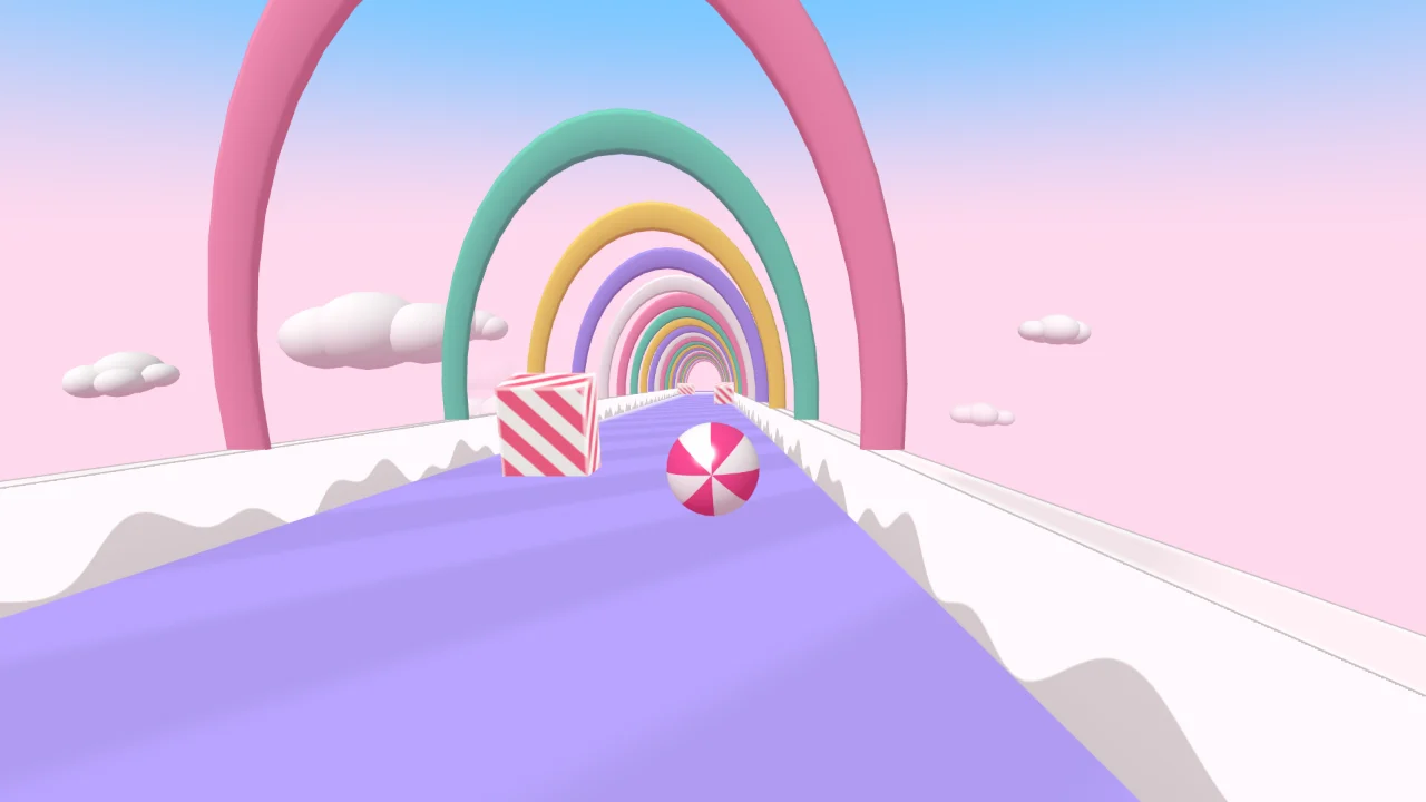 A candy-striped ball rolling through a tunnel of rainbow candy arches in Sprinkle Roll
